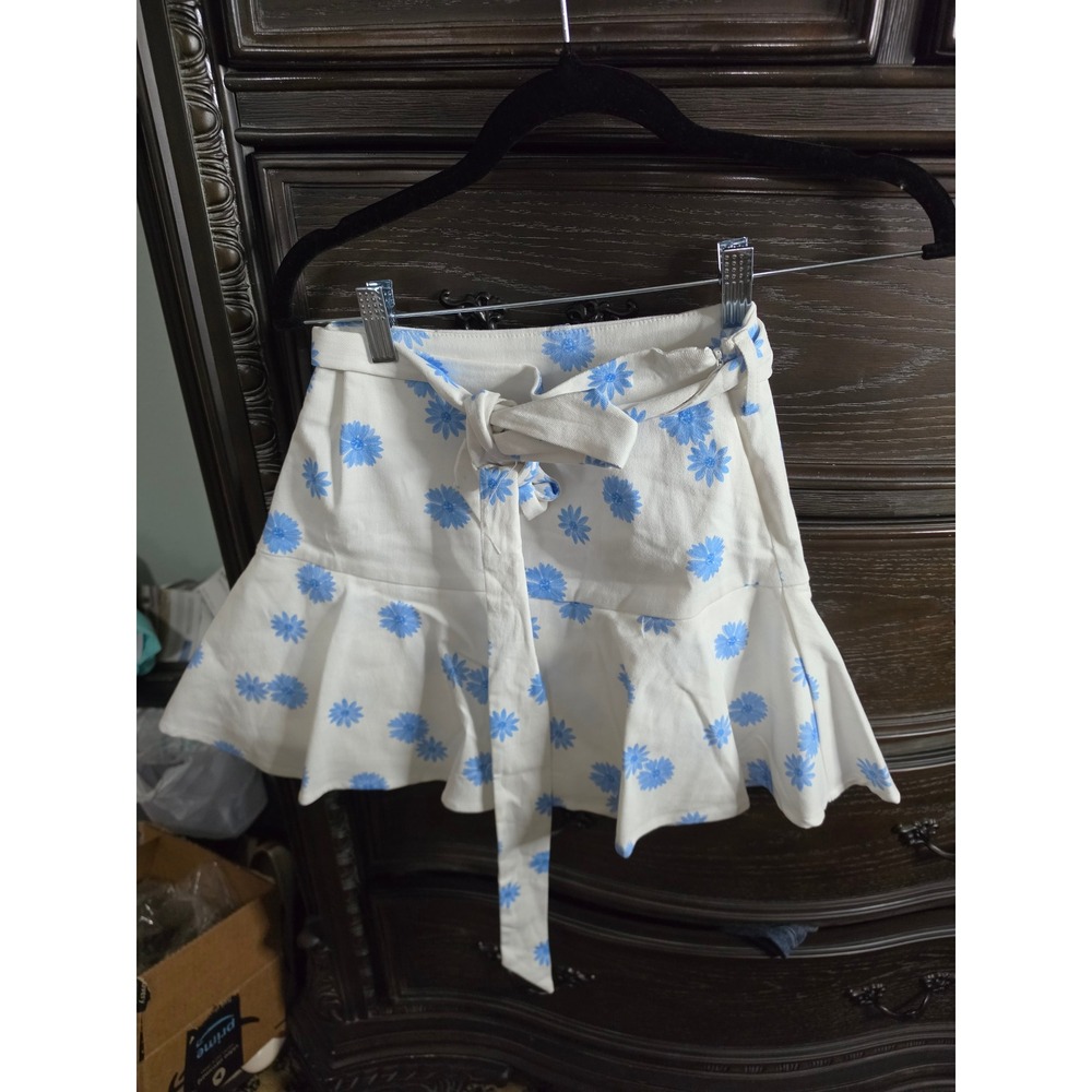 Flying Tomato Blue Floral Daisy Skort White Ruffle Tie Waist Mini Skirt Small